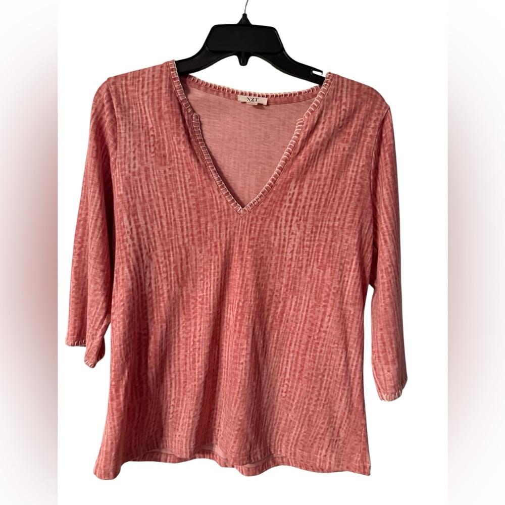 Women's Pink V-Neck three-quarter length sleeve Top by Nick Zoe white trim M new
